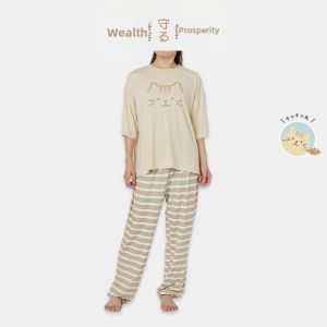 HAPiNS | Cat Print Summer Short Sleeve Long Pants Set Comfortable and Casual Wear