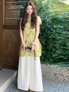 YINLUOYA | ชุดกางเกงขากว้างสไตล์จีนใหม่สำหรับผู้หญิง ชุดสองชิ้น ฤดูร้อน 2025 แขนสั้น คอตั้ง เสื้อผ้าทำงานแบบสวมหัว