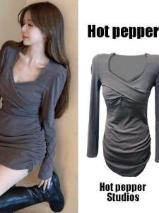 Spicy Girl Autumn Fashion High Waist A-Line Mini Skirt Commute Workwear Slimming Effect Polyester Long Sleeve High Neck Dress