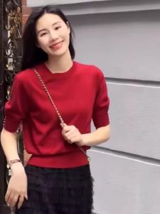 Vintage Fashion Red Short Sleeve Knit T-Shirt