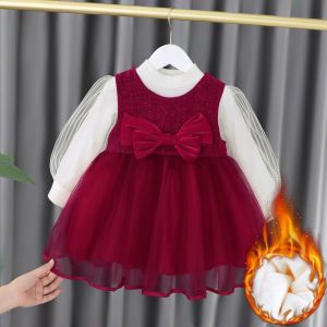 Princess Style Fleece Lined Dress for Baby Girls One Year Old Birthday Party Autumn Winter Cotton Blend Fabric High Waist Skirt