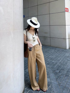 High Waist Wide Leg Pants Womens Drawstring Pure Linen Casual Straight Leg Trousers Summer New Style Versatile Loose Fit