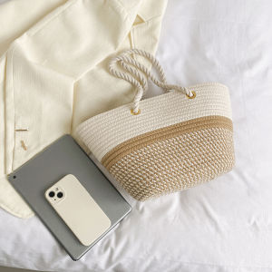 Fashionable Straw Woven Shoulder Bag for Women Casual Style Handbag Bucket Shape Pure Color Korean Style Large Size Tote Bag