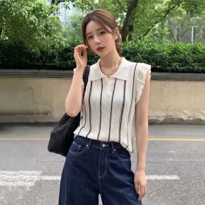 AIYITI | Striped Polo Collar Sleeveless Summer Thin French Style Womens Top