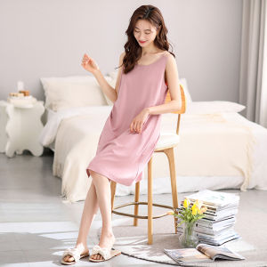 Miiow | Cat Woman Sleepwear 2025 New Summer Thin Sleeveless Strap Dress Casual Home Wear Cotton Lyocell Polyester Round Neck Pure Color