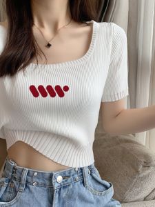 Elegant Ice Silk Knitted Top Womens Summer Fashion Print T-Shirt Slim Short Style Beautiful Sweet And Spicy Upper Body