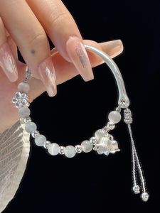 Retro Chinese Style Bellflower Cats Eye Stone Half Bangle Bracelet for Women Versatile Woven Flower Design Gift
