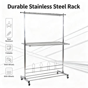 Stainless Steel Foldable Clothes Drying Rack with Wheels Multi-layer Multi-rod Laundry Hanger Stand Movable Garment Dryer Shelf Space Saving Fold Clothing Rack for Indoor Outdoor Home Balcony