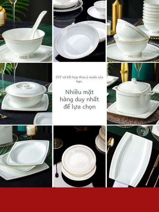 Bộ Đồ Ăn Bằng Gốm Sứ Trang Trí Viền Vàng Đơn Giản Sang Trọng Cao Cấp Bộ Bát Đĩa Chén Thìa Thiết Kế Trung Hoa Dùng Tại Nhà