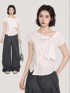 BAIDAIFEI | Pink Bow Off-shoulder Short Sleeve Asymmetric Summer Top