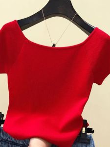 Womens Half Sleeved Off Shoulder T-shirt Solid Color Street Style Slim Fit Bottoming Shirt for Autumn Birthday Party