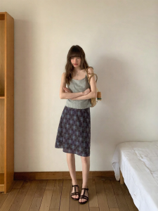 NIHAOKANONG | Chân Váy Midi Phong Cách Cao Waist Plaid