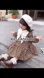 KID FASHION Dress Gaun Lengan Panjang Anak Perempuan Katun Polka O-Neck Kancing Korean Style 1-4 Tahun