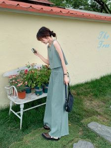 Summer Blue Green Wide Leg Pants Set Womens No Sleeve Top Street Style Unique Quality Casual Fashion Two Piece Suit