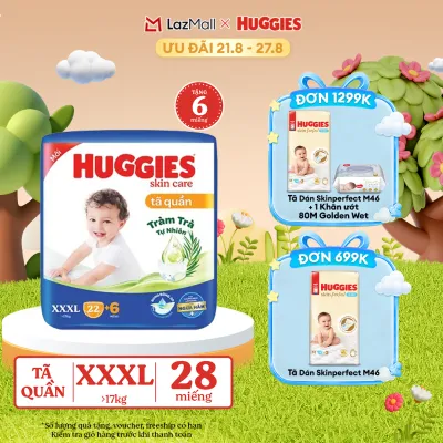 [17-24.08 GIẢM THÊM 90K] [Tặng 6 miếng] Tã/bỉm quần Huggies Skin Care Super Jumbo XXXL22+6 miếng với tràm trà dịu da