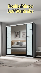 🔥Moden Almari Baju Besar (8x8)🔥 / Wardrobe Anti-Jump Sliding Door(With Installation) White & Brown Colour / Half Mirror Wardrobe Door /Bigger Size / Sliding Door Wardrobe / Multi Compartment / Great Quality / Kualiti Terjamin /Ready Stock