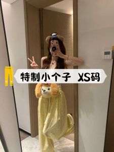 กางเกงขายาวทรงตรงสีเหลืองลายสก็อตหลวมเอวสูง กางเกงขายาวทรงตรงหลวมๆ สไตล์ลำลองสำหรับผู้หญิงไซส์เล็ก