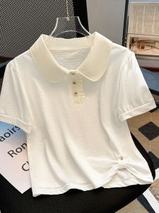 White Short Sleeve T-Shirt Women Summer Loose Simple Doll Collar Base Shirt Fashion Slimming Small Top Korean Style Knitted Polyester Fiber