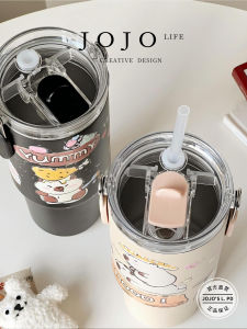 Jojos L Double Drink Straw Cup High Aesthetic Value Insulated Stainless Steel Student Water Bottle Cute round Cylinder Cup