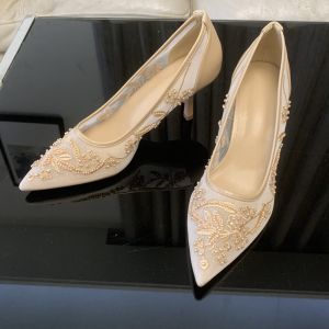 Giày Cao Gót Mũi Nhọn Thanh Lịch Bằng Lưới Thêu Dành Cho Nữ Giày Cao Gót Đính Cườm Gợi Cảm Giày Cao Gót Mỏng Sang Trọng Dành Cho Tiệc Cưới