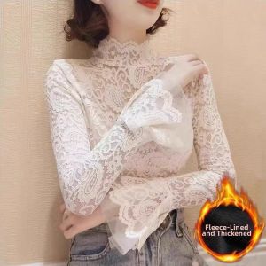 chaqi | Autumn Winter Warm Lace Trumpet Sleeve Tight Fitting Turtleneck Blouse