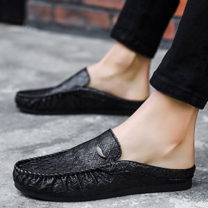 Mens Black Business Casual Slip-On Driving Shoes Soft Bottom Leather Loafers Half Slippers Leisure Footwear Spring Autumn