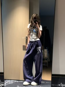 Quần Thể Thao Chữ Mỹ Màu Xanh Lam Dành Cho Nữ Mùa Hè Cao Quai Rộng Rãi Phong Cách Đường Phố Cổ Điển Quần Nhảy Samba