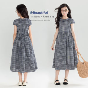 Grid Short Sleeve Summer New Long Dress for Girls