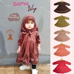 0 - 2 Tahun Setelan Gamis Lily Free Kerudung Jilbab Baby Anak Perempuan Murah Terjangkau / Gamis Syari Baby Gaun Bayi Bahan Katun / Bisa COD Bayar di Tempat