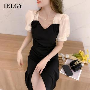 IELGY Đầm Nữ Xẻ Eo Cao Tay Ngắn Màu Đen
