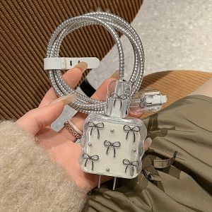 Ốp Bảo Vệ Đầu Sạc iPhone Hình Nơ Trong Suốt Sáng Bóng Kèm Bộ Cuộn Dây Cáp USB 16W/20W Bảo Vệ Dây Sạc Vỏ Silicon Hình Vuông