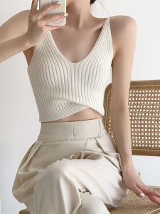 เสื้อกั๊กสเวตเตอร์ถักสีขาว แขนกุด คอวีลึก ด้านหลังสวยงาม เสื้อชั้นในสำหรับผู้หญิง ใส่ด้านนอกได้ เสื้อผ้าทำงาน ฤดูใบไม้ร่วง 2024