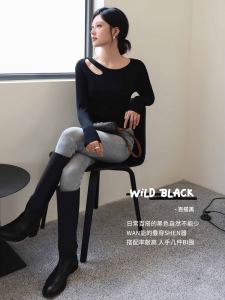 เสื้อยืดคอกลมแขนยาวทรงสลิมฟิตสำหรับผู้หญิง เสื้อเชิ้ตฤดูใบไม้ผลิและฤดูใบไม้ร่วง แฟชั่น INS ลำลอง สไตล์เกาหลี