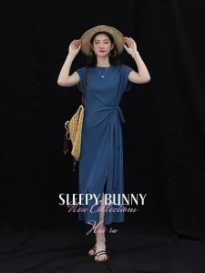 Slimming Belt Side Slit Round Neck Short Sleeve Summer Commuter Dress Womens Maxi Dress
