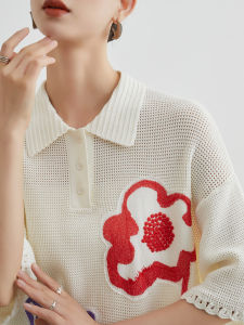 Floral Lace Polo Knit Shirt Loose