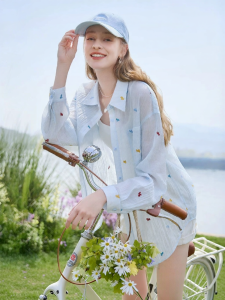 XIANGYING | Cute Embroidery Blue Shirt Loose Thin