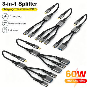 3 in 1 USB A Type C Splitter Cable DP60W Fast Charging Extension Cord OTG Data Transfer Converter  for Smartphone Laptop Tablet