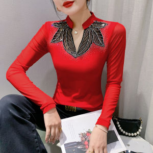 Yimei quan điểm lưới tay áo dài lấp lánh hàng đầu 2023 mùa xuân và mùa thu mới màu đen Kim Cương lót áo dáng ôm phụ nữ thanh lịch của T-Shirt