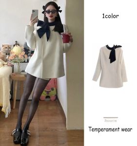 ทันสมัย สไตล์เกาหลี ฤดูใบไม้ร่วง ฤดูหนาว ผู้หญิง เสื้อโค้ท ผ้าขนสัตว์ผสมผสานความยาวปานกลาง เสื้อท่อนบน พร้อมปมผีเสื้อ