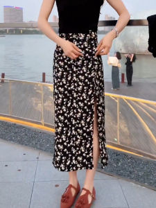 Summer New High Waist Slim A-Line Midi Skirt Womens Floral Split Chiffon Skirt Korean Style Commute High Waist Midi Skirt