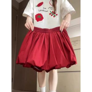 กระโปรงสั้นทรงเอเอวสูงสีแดงสำหรับผู้หญิง ฤดูใบไม้ร่วง/ฤดูหนาว ไซส์ใหญ่ กระโปรงสั้นทรงเอทรงเข้ารูปป้องกันแสงสะท้อน