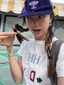 Summer New Womens Slim Fit Short Sleeve T-Shirt Casual Versatile American Retro Letter Print Color Block Trendy Top