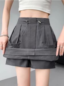 Váy Ngắn Chữ a Cạp Cao Màu Xám Phong Cách Mỹ Mùa Hè 2025 Mới Chống Ánh Sáng Quần Áo Bảo Hộ Lao Động Cho Nữ