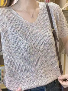 Starry Sky Knitted Long Sleeve Loose Thin Top V-Neck Pullover Slimming Lazy Match All Spring Summer T-Shirt Korean Style