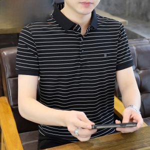HENGYUANXIANG | Hengyuanxiang Mens Ice Silk Polo Shirt Short Sleeve Casual Turn-down Collar Stripe T-shirt Breathable Lightweight Summer Fashion Urban Style