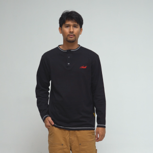 House of Smith Kaos Pria Lengan Panjang - Smith Long Sleeve Henley Black - T Shirt Long Sleeve Henley