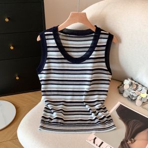 Lightweight Breathable Summer Knitted Vest Womens Unique Low round Neck Sleeveless Stripe Design Fashionable Top