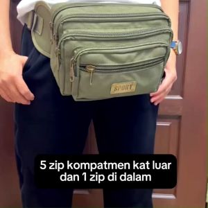 Ready Stock!! LEEFO 100% Canvas 6 Zip Compartments Men Waist Bag Pouch Bag Durable Cotton (L) Size