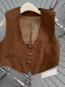 Bohemian Style Layered Brown Suede Vest Womens Short Top Fashionable Retro French Country Casual U-Neck Single Button