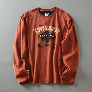 Autumn New Style Mens Cotton Long Sleeve T-Shirt Washed Flannel round Neck Vintage Print Breathable Comfortable American Casual